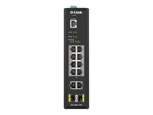 D-LINK 12 Port L2 Industrial Smart Managed Switch with 10 x 1GBaseTX ports 8 PoE 240W and 2 x SFP ports