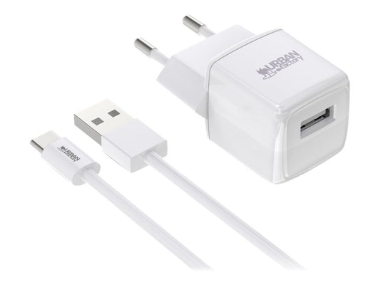 URBAN FACTORY POWER USB-A POWER ADAPTER 2.4A/12W WITH 1M USB-A TO USB-C CABLE