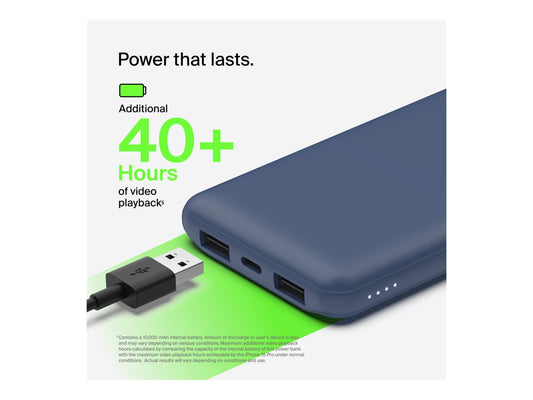 BELKIN Batterie externe 3 ports 10K avec câble USB-A vers USB-C bleu
