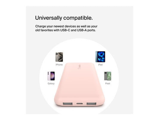BELKIN Batterie externe 3 ports 10K avec câble USB-A vers USB-C rose