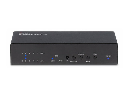 LINDY 4x2 HDMI 2.0 4K 18G Matrix Switch with Audio Extractor Optical Out or 3.5mm Jack 4K 3840x2160at60Hz 8bit