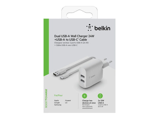 BELKIN BOOST CHARGE 24w USB-A Dual Wall Charger w/ 1m A-C White