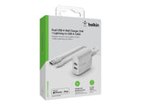 BELKIN BOOST CHARGE 24w USB-A Dual Wall Charger w/ 1m A-LTG White