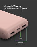 BELKIN Powerbank 20K 15W USB-C cable inclus + 2 USB-A Rose