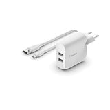 BELKIN BOOST CHARGE 24w USB-A Dual Wall Charger w/ 1m A-C White