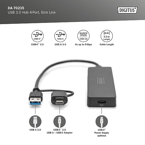 Digitus DA-70235 hub & concentrateur USB 3.2 Gen 1 (3.1 Gen 1) Type-A + Type-C 12000 Mbit/s Noir