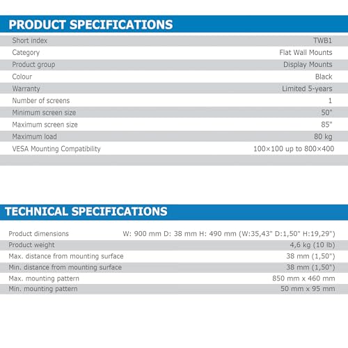 Support mural fixe Edbak TWB1 50"-86". Capacité de charge 80 kg 800x400 VESA