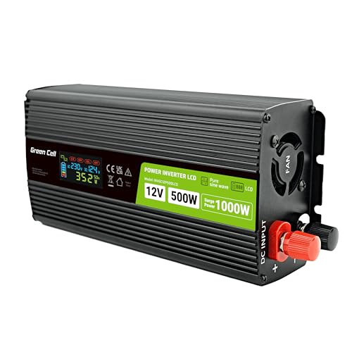 Green Cell Przetwornica napicia PowerInverter LCD 12 V 500W/1000W Przetwornica samochodowa z wywietlaczem - czysty sinus adaptateur de puissance & onduleur Auto