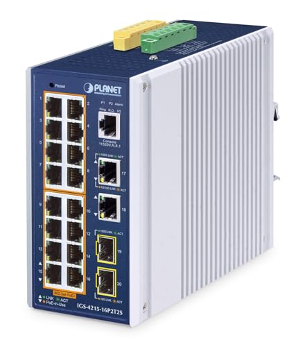 PLANET IP30 Industrial L2/L4 16-Port Géré L2/L4 Gigabit Ethernet (10/100/1000) Connexion Ethernet, supportant l'alimentation via ce port (PoE) Aluminium, Bleu
