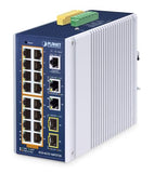 PLANET IP30 Industrial L2/L4 16-Port Géré L2/L4 Gigabit Ethernet (10/100/1000) Connexion Ethernet, supportant l'alimentation via ce port (PoE) Aluminium, Bleu