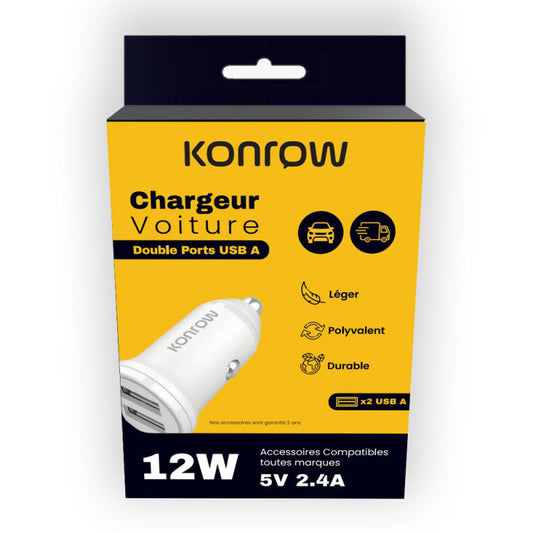 Test terrain : Konrow KCC12AAW - Adaptateur Allume-cigare 2 Ports USB A - Charge rapide 12W, Blanc (Compatible, Blister)