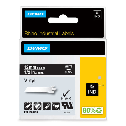 DYMO Etiquette Rhino vinyle blanc sur noir 12 mm x 5,5 m