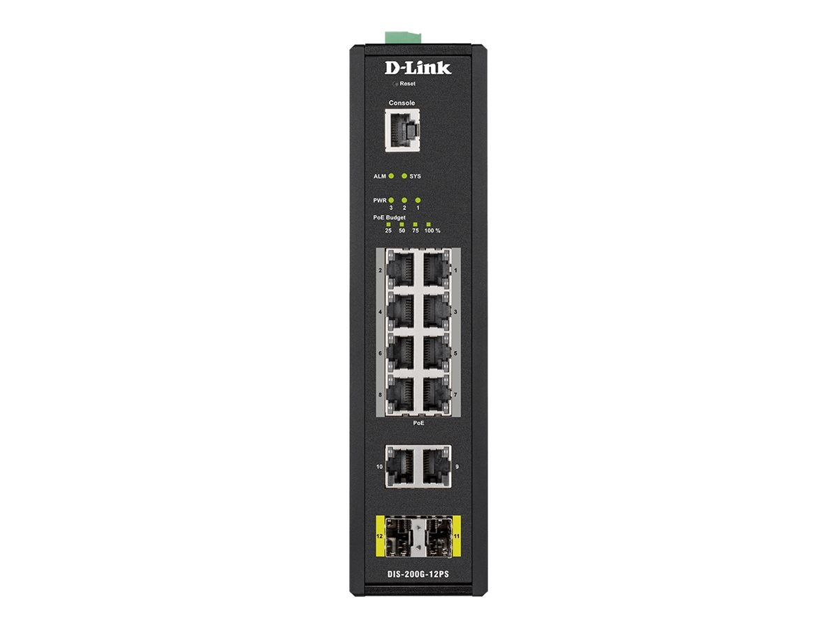 D-LINK 12 Port L2 Industrial Smart Managed Switch with 10 x 1GBaseTX ports 8 PoE 240W and 2 x SFP ports