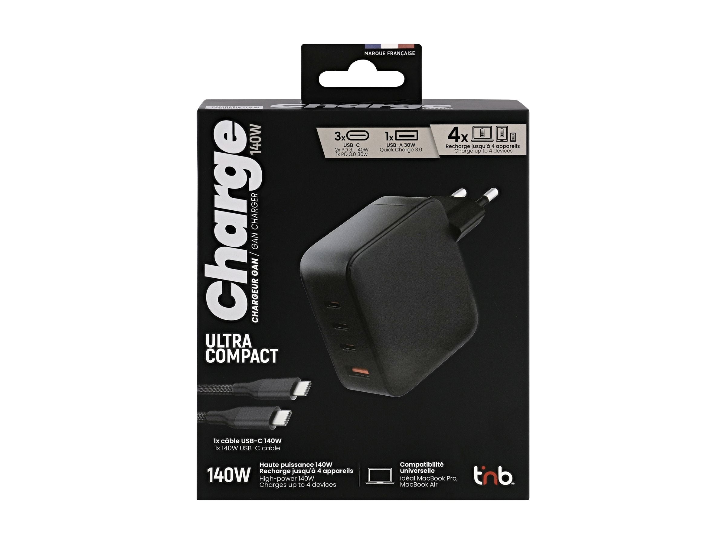 TNB Chargeur GAN 140W USB-C et USB-A - noir