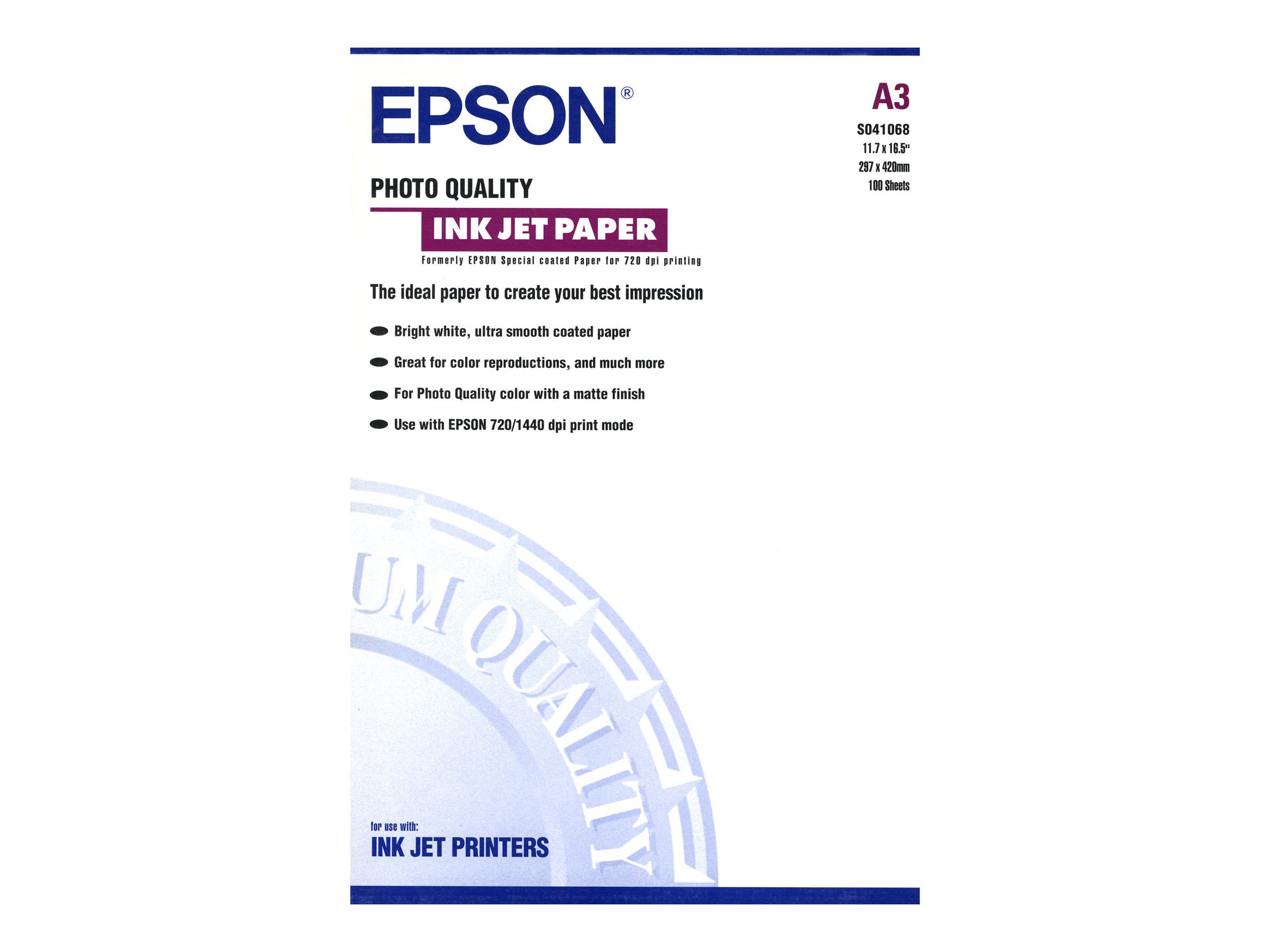 EPSON S041068 Photo papier inkjet 104g/m2 A3 100 feuilles pack de 1