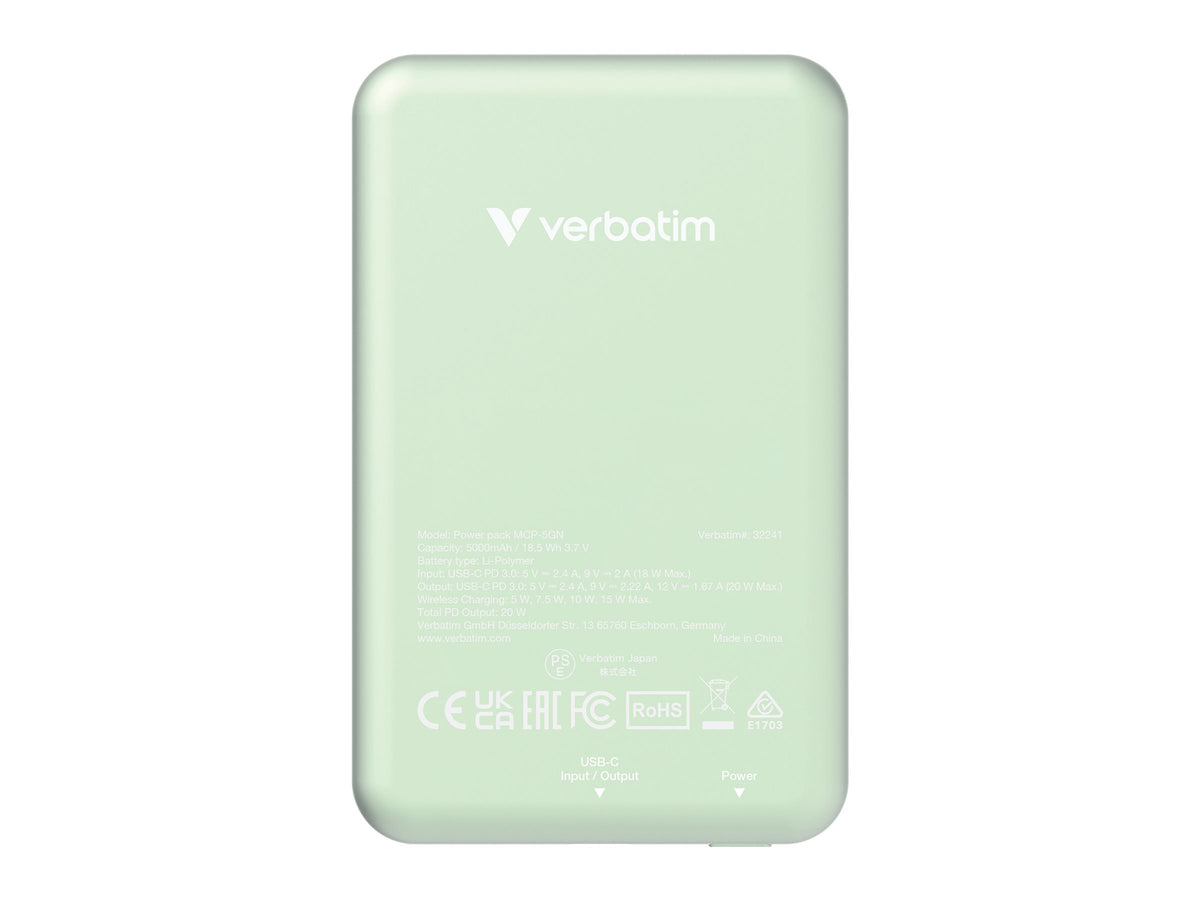 VERBATIM CHARGE N GO MAGNETIC WIRELESS POWER BANK 5000 GREEN WCF (P)