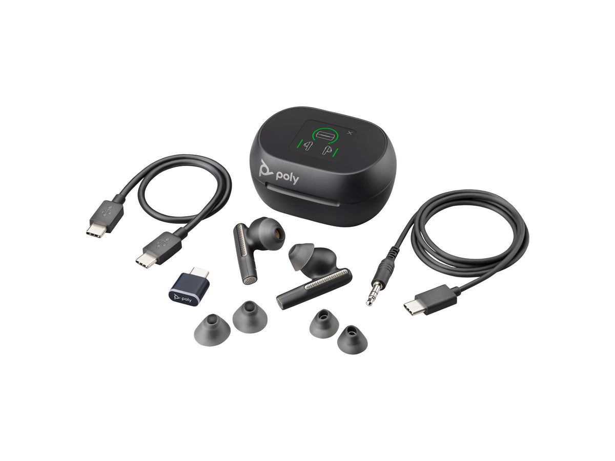 HP Poly Voyager Free 60+ UC Carbon Black Earbuds +BT700 USB-C Adapter +Touchscreen Charge Case