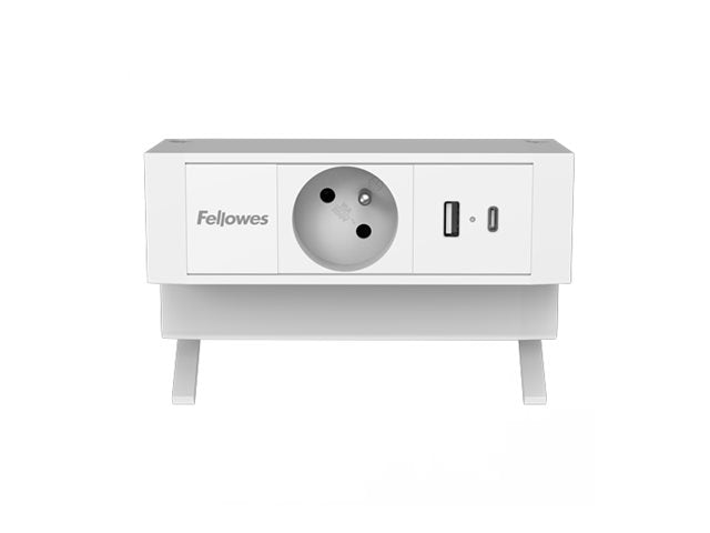 FELLOWES PRISE POUR BUREAU ÉLECTRIQUE TYPE E - BLANC Équipé de 1 x prise de courant 230v 1 x port USB-A 18w max et 1 x port USB-C