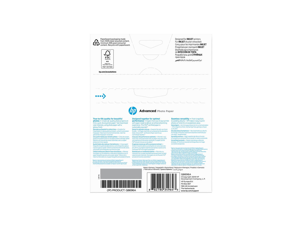 HP original Advanced glossy photo paper Ink cartridge Q8696A 250g/m2 130x180mm 25 sheets 1-pack borderless
