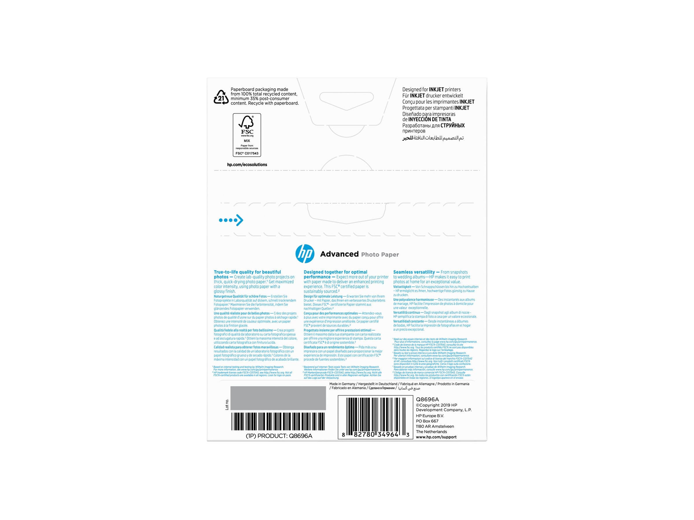 HP original Advanced glossy photo paper Ink cartridge Q8696A 250g/m2 130x180mm 25 sheets 1-pack borderless