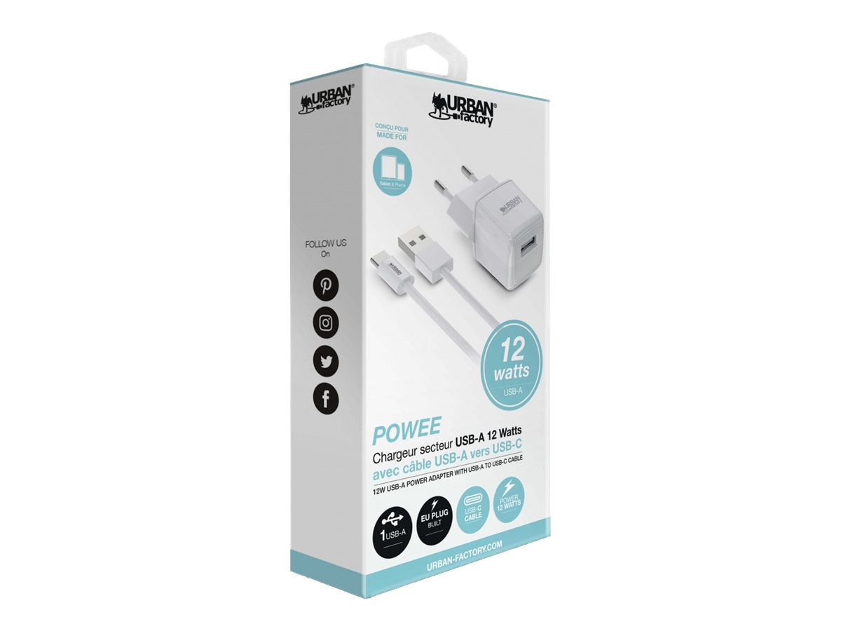 URBAN FACTORY POWER USB-A POWER ADAPTER 2.4A/12W WITH 1M USB-A TO USB-C CABLE