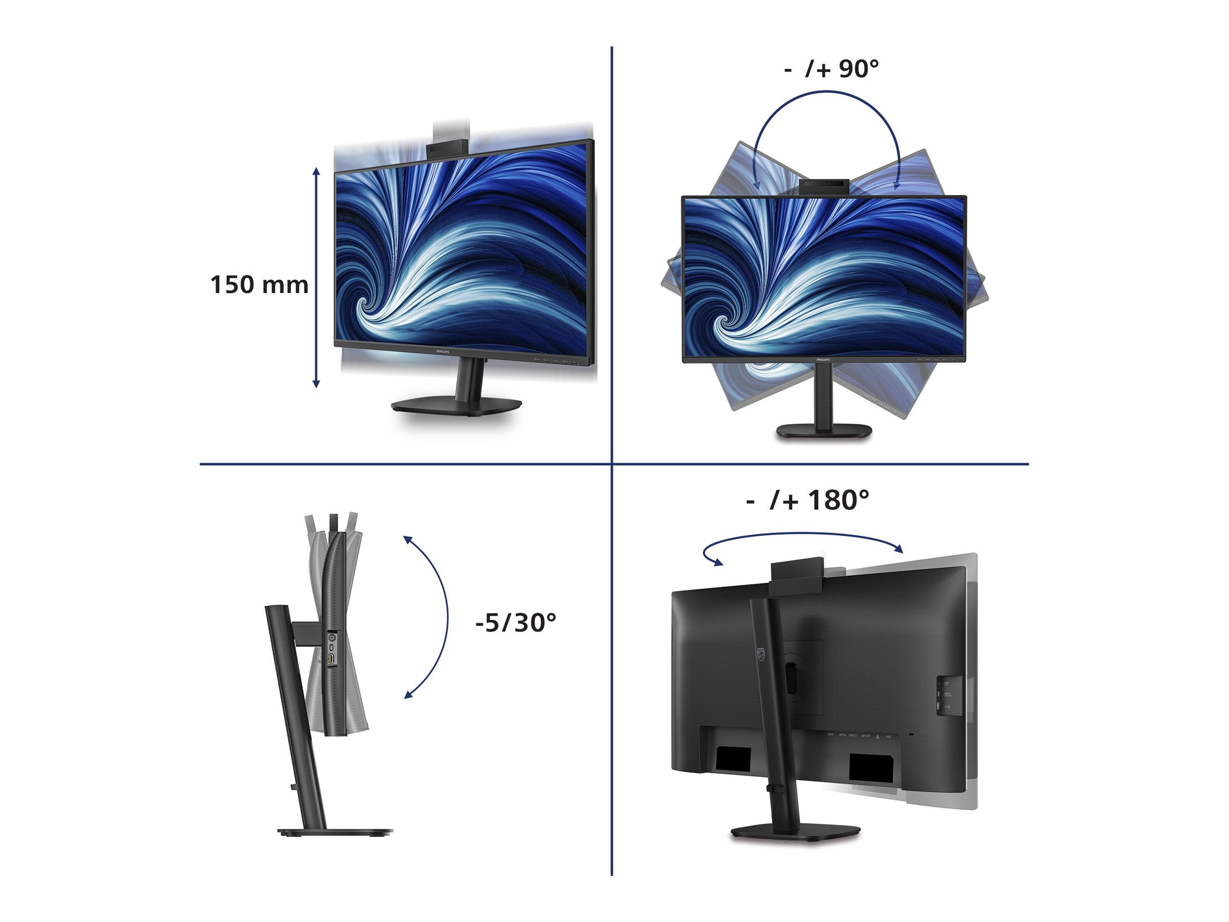 PHILIPS 27p 2560x1440 120Hz IPS Flat H/A 150 MM USB C DOCKING DISPLAY 90W Daisy chain with 27B2N3500J Smart Link Sync