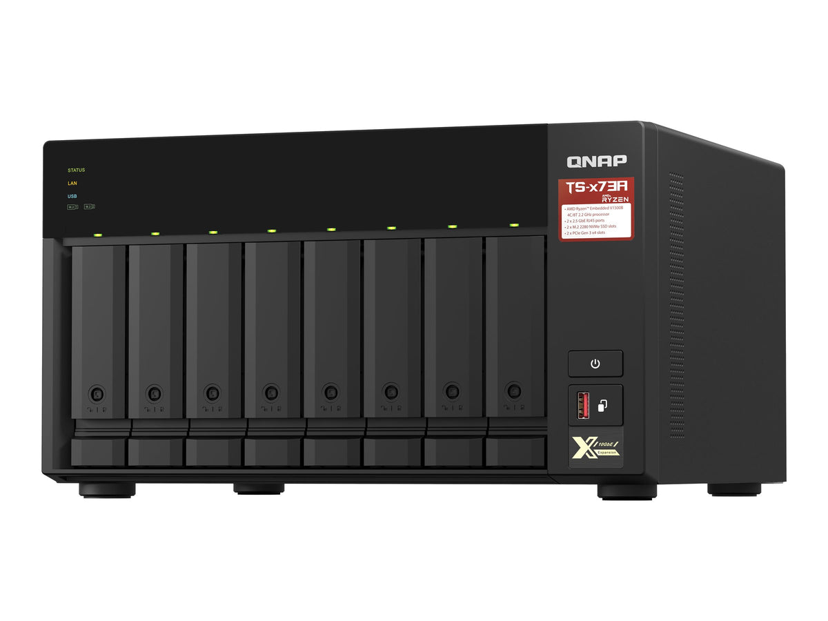 QNAP 8-bay NAS AMD Ryzen Embedded V1500B 2.2GHz 8Go 8xSATA 6Gb/s bays 2xM.2 NVMe PCIe Gen3 SSD slots 2x2.5GbE LAN optional 10GbE