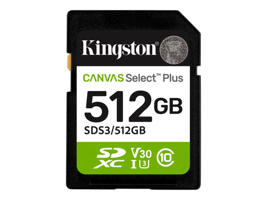 KINGSTON Canvas Select Plus Carte mémoire SDXC 512Go Gen3 150MB/s C10 UHS-I U3 V30