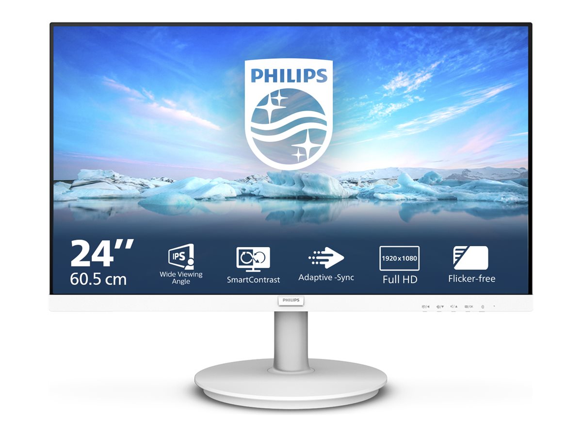 PHILIPS 241V8AW/00  Écran LED - 24" 1920 x 1080 Full HD (1080p) @ 75 Hz - IPS - 250 cd/m² - 1000:1 - 4 ms - HDMI, VGA - HP blanc