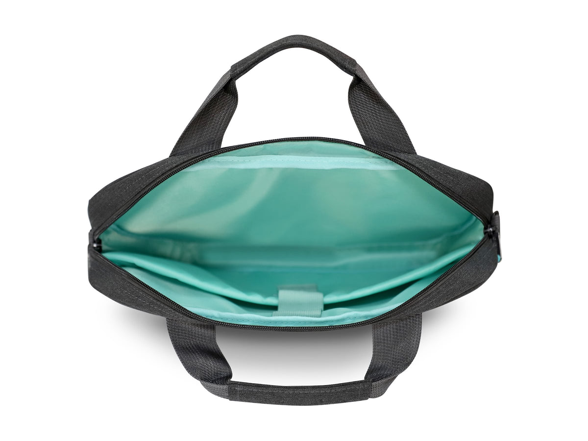 URBAN FACTORY Toploading bag made of recycled Nylon r-PET Reinforced notebook compartment Flat front pocket with zip Back patch