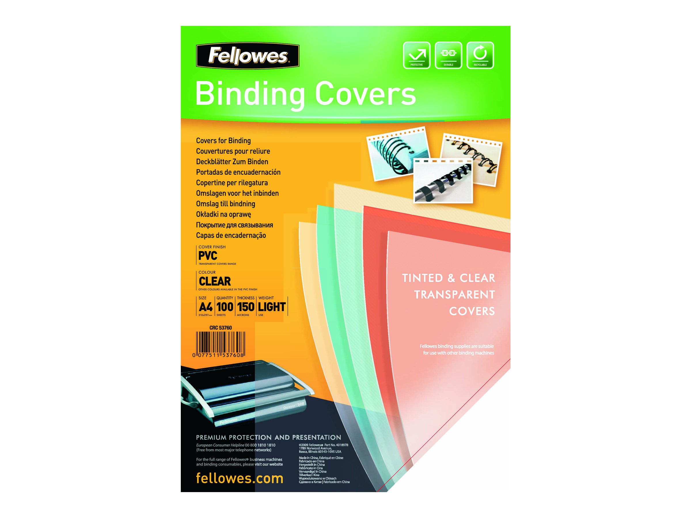 FELLOWES COUV A4 TRANSPARENT 150 MIC Pack de 100