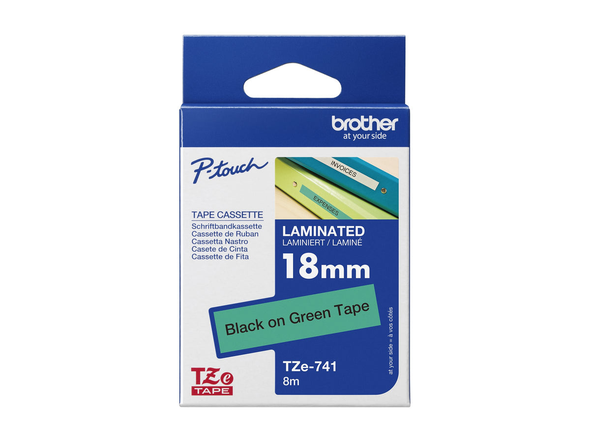 BROTHER P-TOUCH TZE-741 noir sur vert 18mm