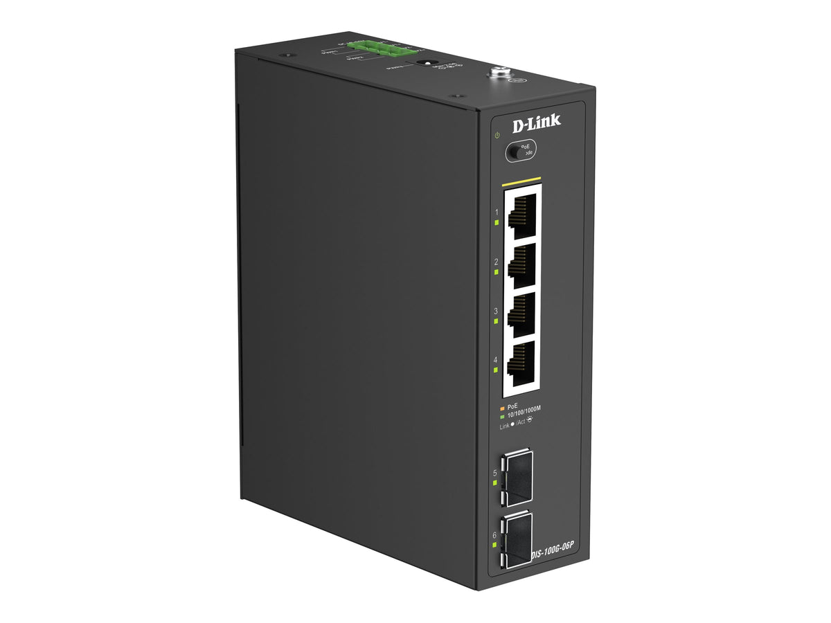 D-LINK DIS-100G-06P 6-Port Gigabit Industrial Unmanaged PoE+ Switch 4x 100/1000 Rj45 2x 100/1000M SFP