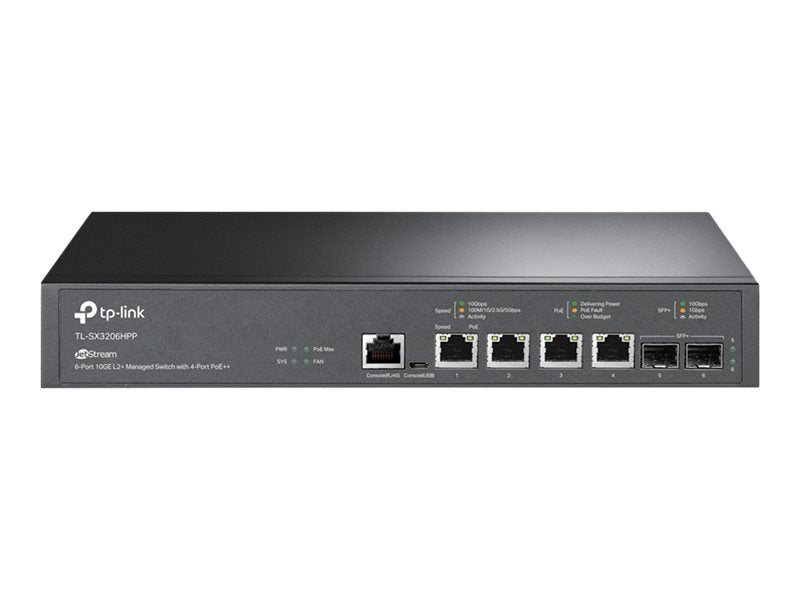 TP-LINK JetStream 4-Port 10GBase-T and 2-Port 10GE SFP+ L2+ Managed Switch with 4-Port PoE++