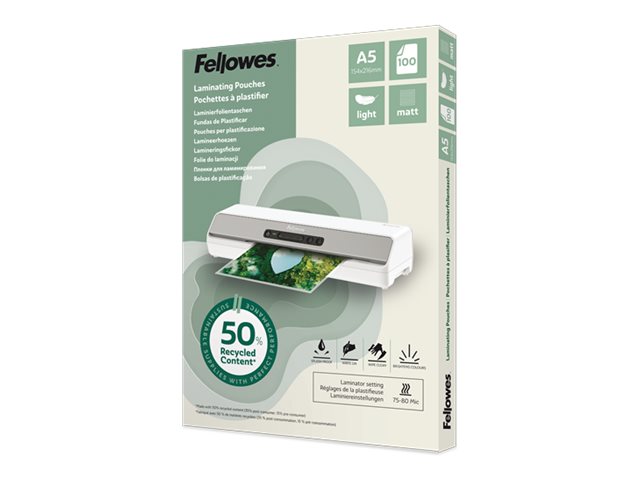 FELLOWES Pochettes de plastification A5 avec 50 pourcentage de contenu recyclé - usage léger mate lot de 100