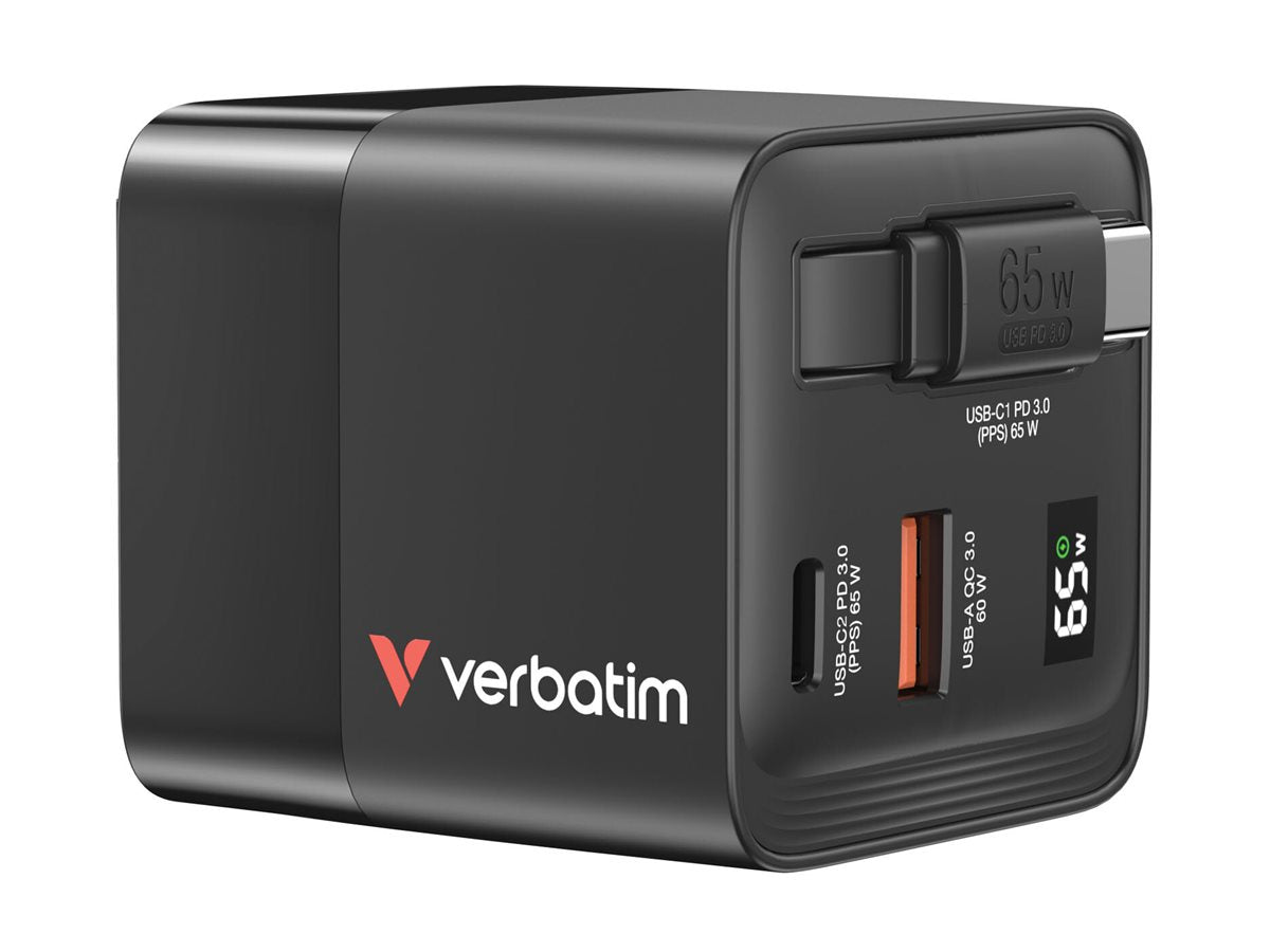 VERBATIM GAN CHARGER 65W 2 PORT RETR CABLE US/EU/UK ADP WCF (P)