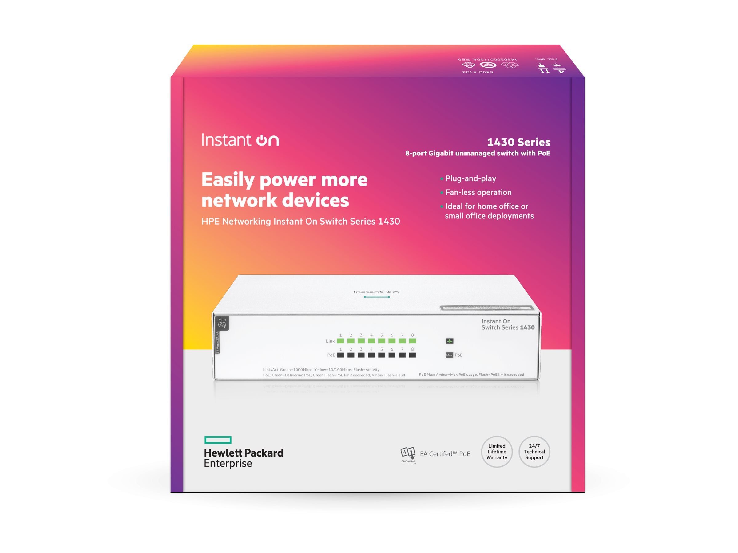 HPE Networking Instant On 1430 8G Class4 PoE 64W Switch Commutateur non géré 8 x 10/100/1000 PoE Class 4 de bureau