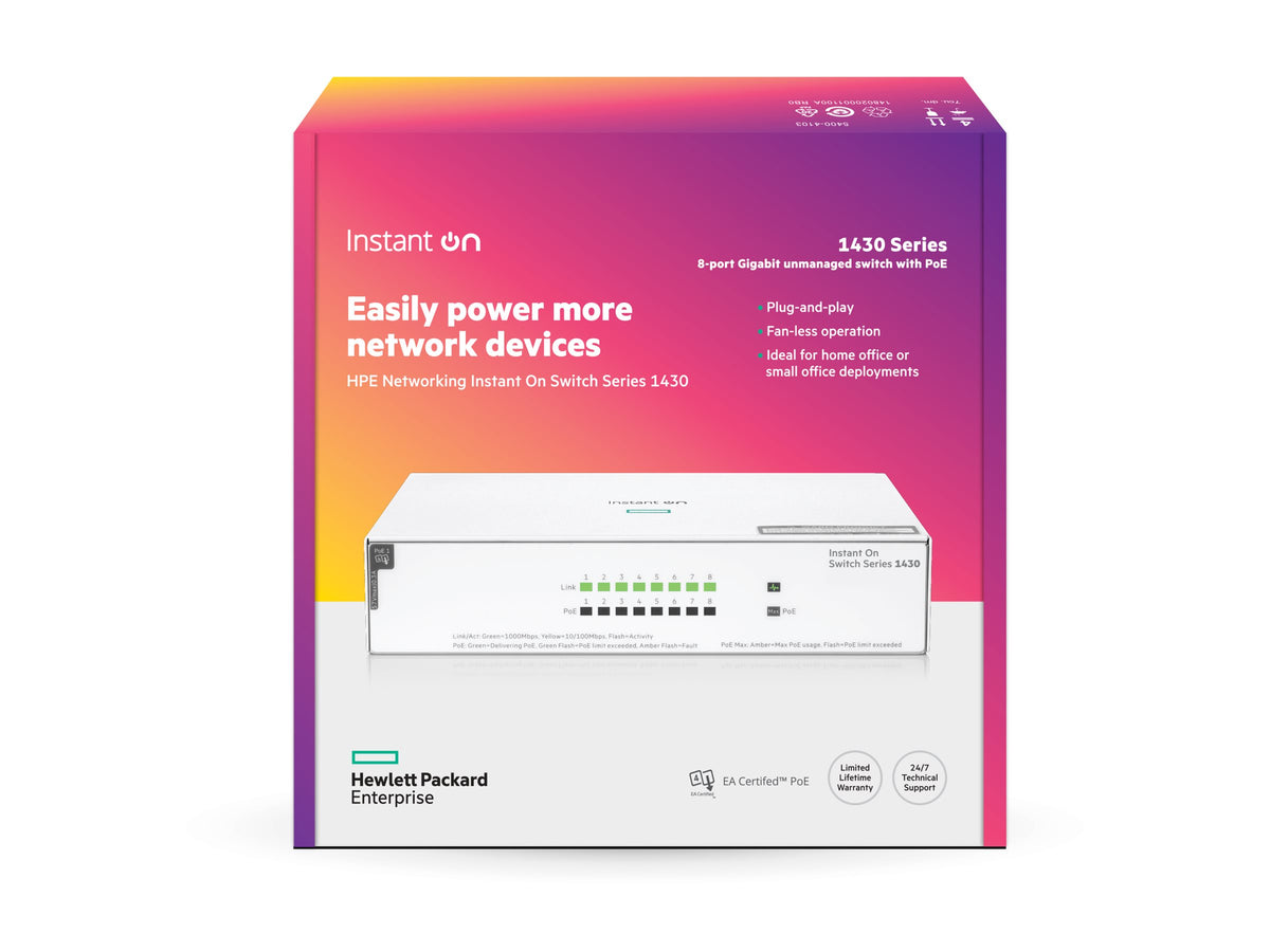 HPE Networking Instant On 1430 8G Class4 PoE 64W Switch Commutateur non géré 8 x 10/100/1000 PoE Class 4 de bureau