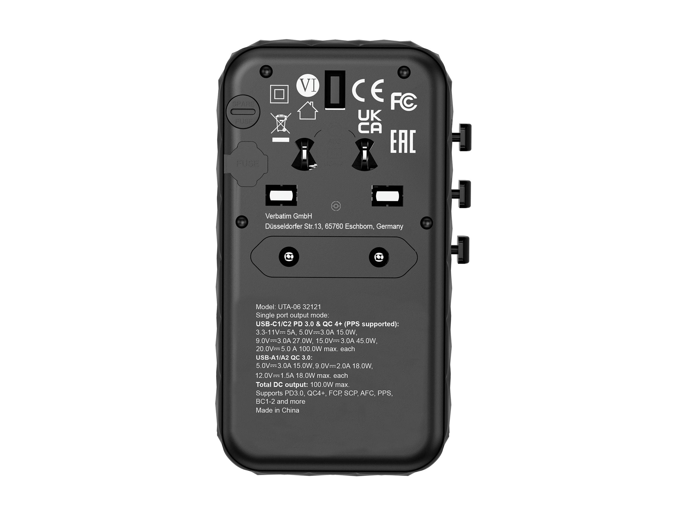 VERBATIM GAN III UNIVERSAL TRAVEL ADAPTER UTA-06 WITH 2 X USB-C PD 100W & QC 4+ / 2 X USB-A QC 3.00 WCF (P)