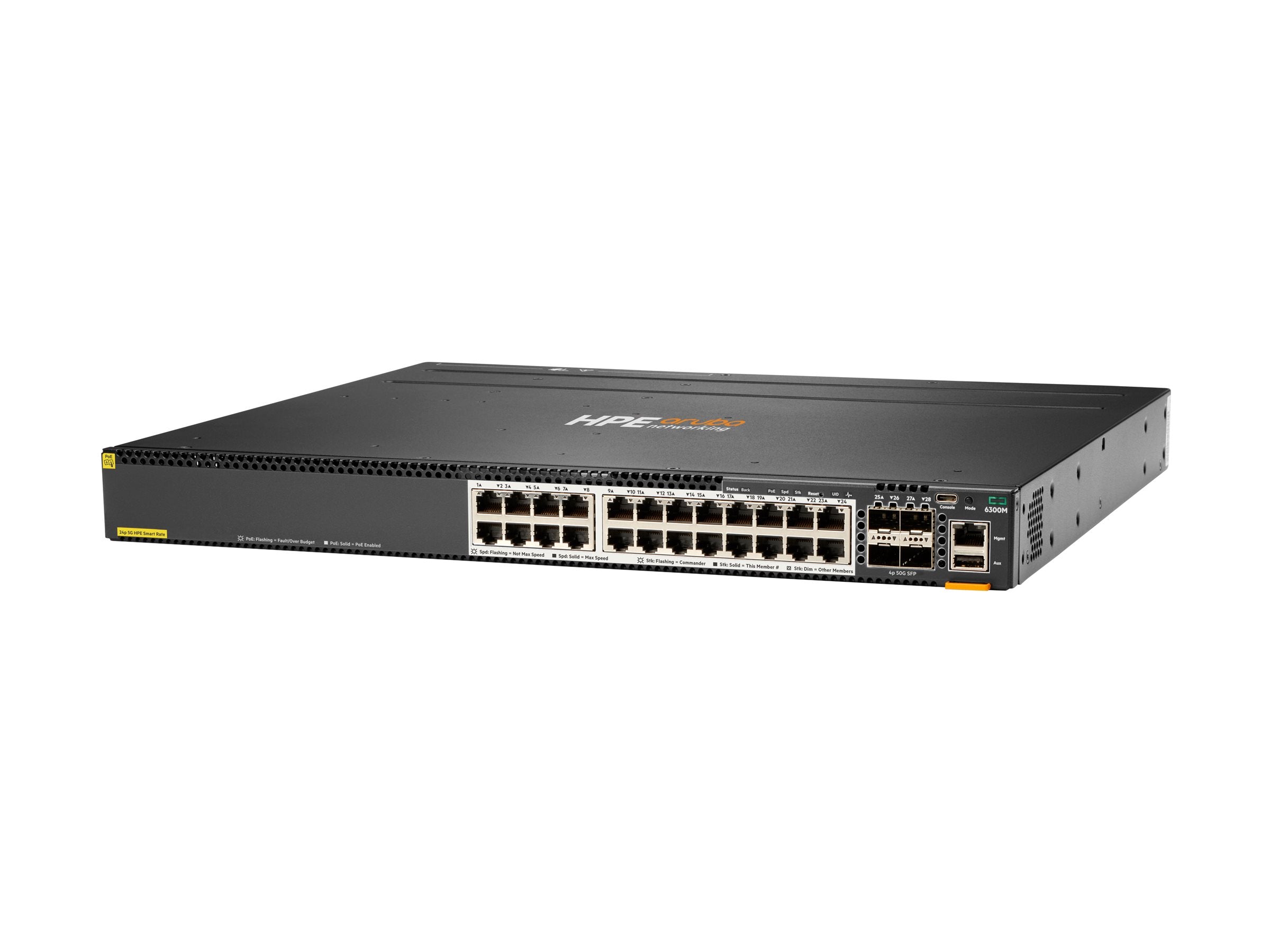 HPE Aruba 6300M Switch 24 Port Smart Rate 1/2.5/5GbE Class 6 PoE and 4 Port SFP56 Layer 3 Stackable 1U CX Mobile App NetEdit
