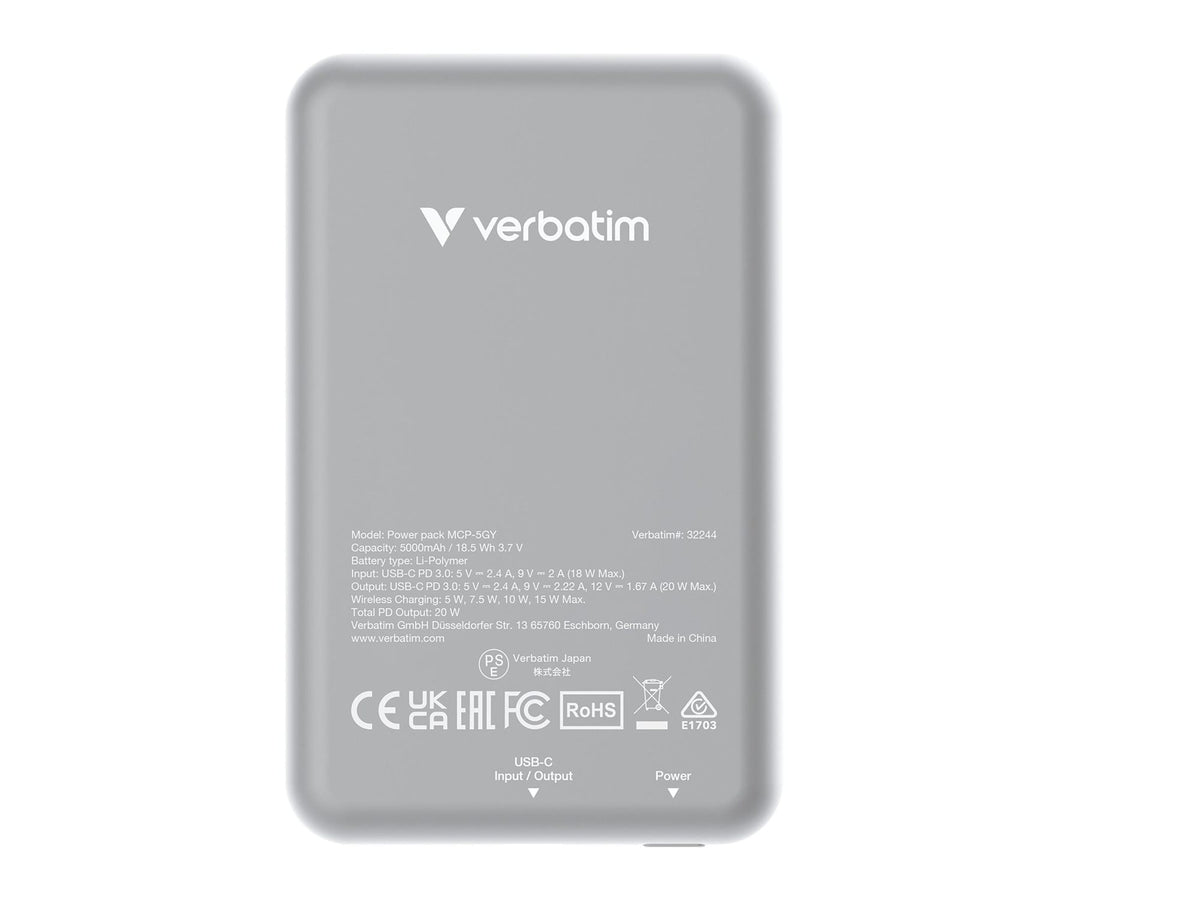 VERBATIM CHARGE N GO MAGNETIC WIRELESS POWER BANK 5000 GREY WCF (P)