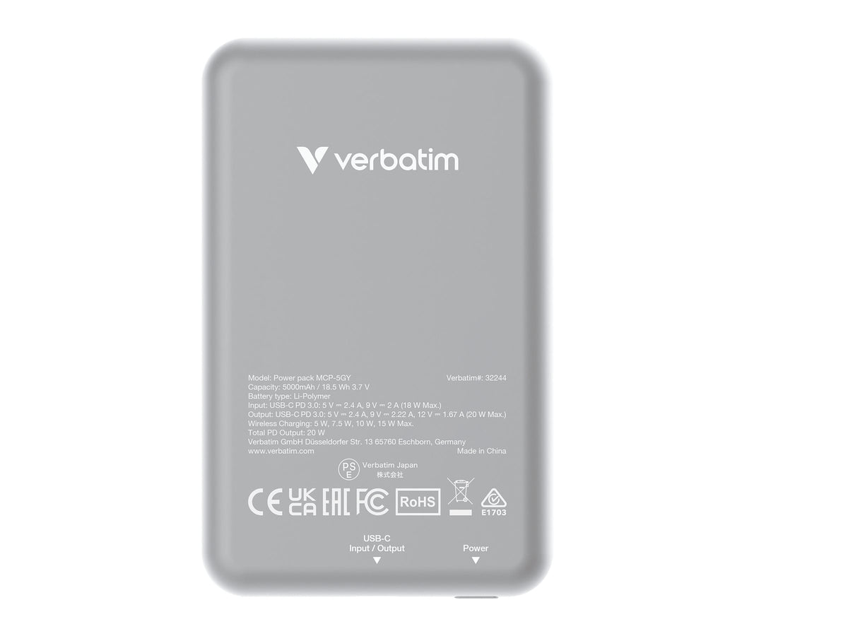 VERBATIM CHARGE N GO MAGNETIC WIRELESS POWER BANK 5000 GREY WCF (P)
