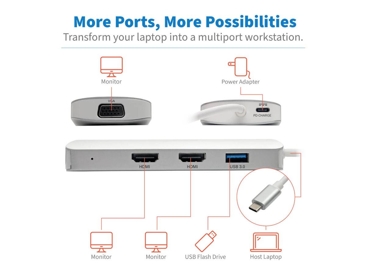 EATON TRIPPLITE USB-C Dock Triple Display HDMI VGA USB 3.2 Gen 1 USB-A Hub 100W PD Charging