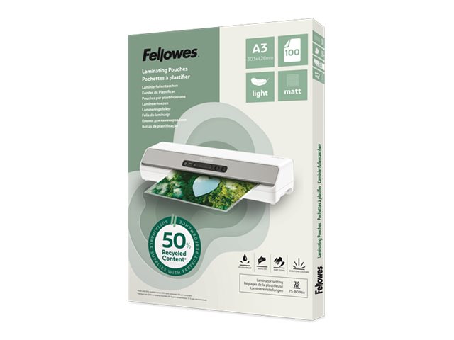 FELLOWES Pochettes de plastification A3 avec 50 pourcentage de contenu recyclé - usage léger mate lot de 100