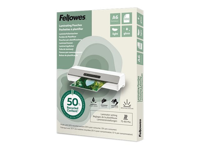 FELLOWES Pochettes de plastification A6 avec 50 pourcentage de contenu recyclé - usage léger brillant lot de 100
