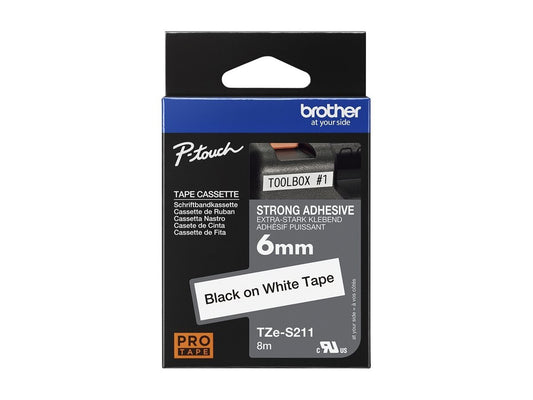 BROTHER P-TOUCH TZE-S211 noir sur blanc 6mm extra gluey