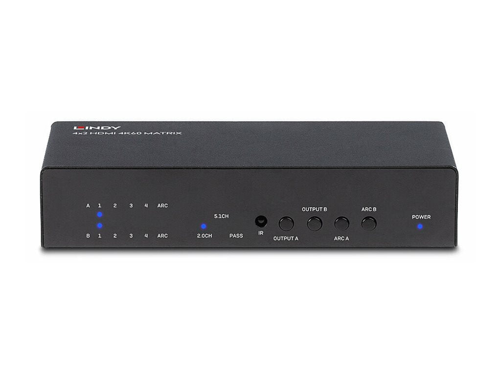 LINDY 4x2 HDMI 2.0 4K 18G Matrix Switch with Audio Extractor Optical Out or 3.5mm Jack 4K 3840x2160at60Hz 8bit