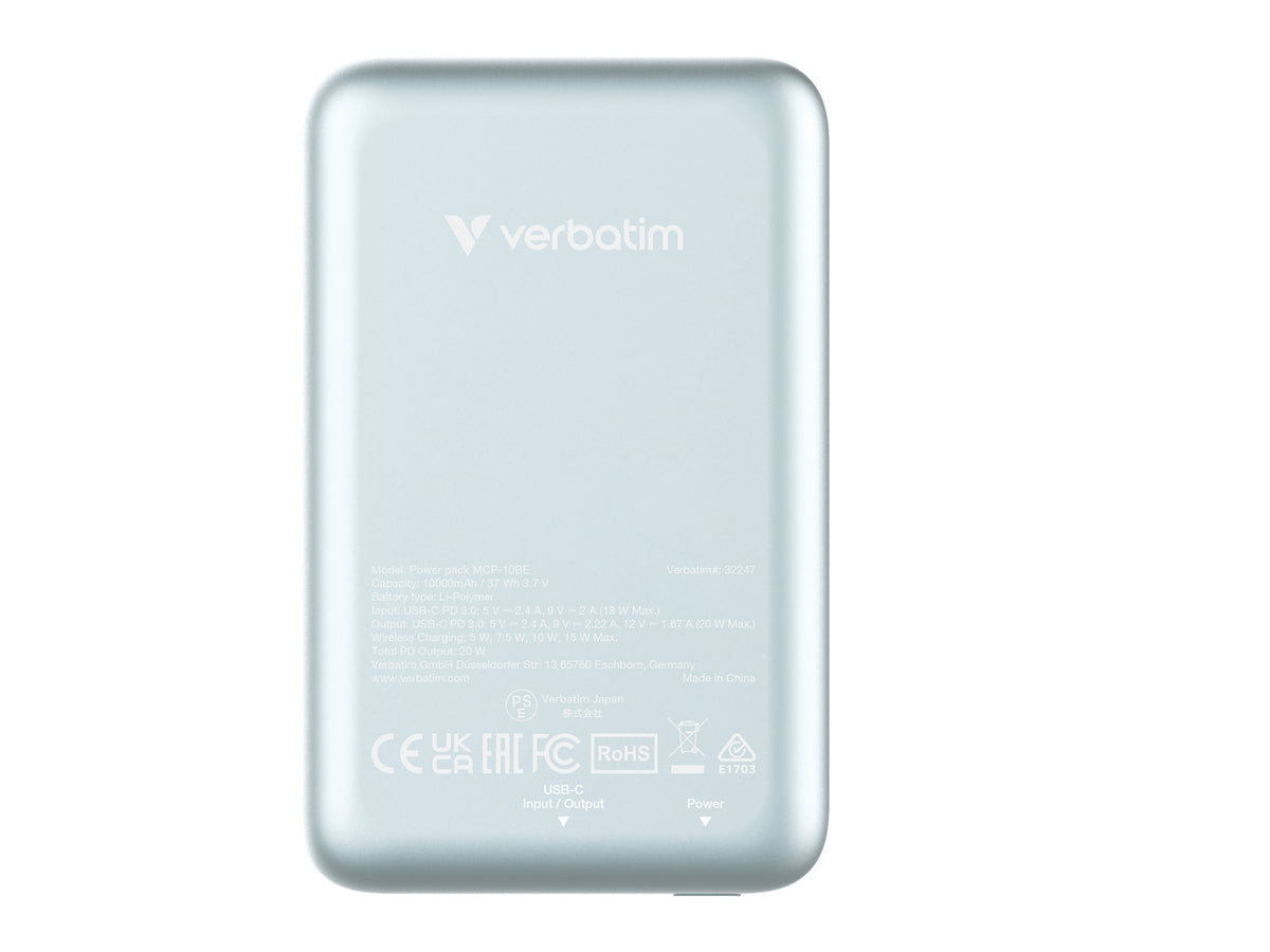 VERBATIM CHARGE N GO MAGNETIC WIRELESS POWER BANK 10000 BLUE WCF (P)