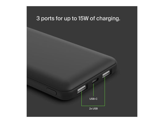 BELKIN Batterie externe 3 ports 10K avec câble USB-A vers USB-C noir