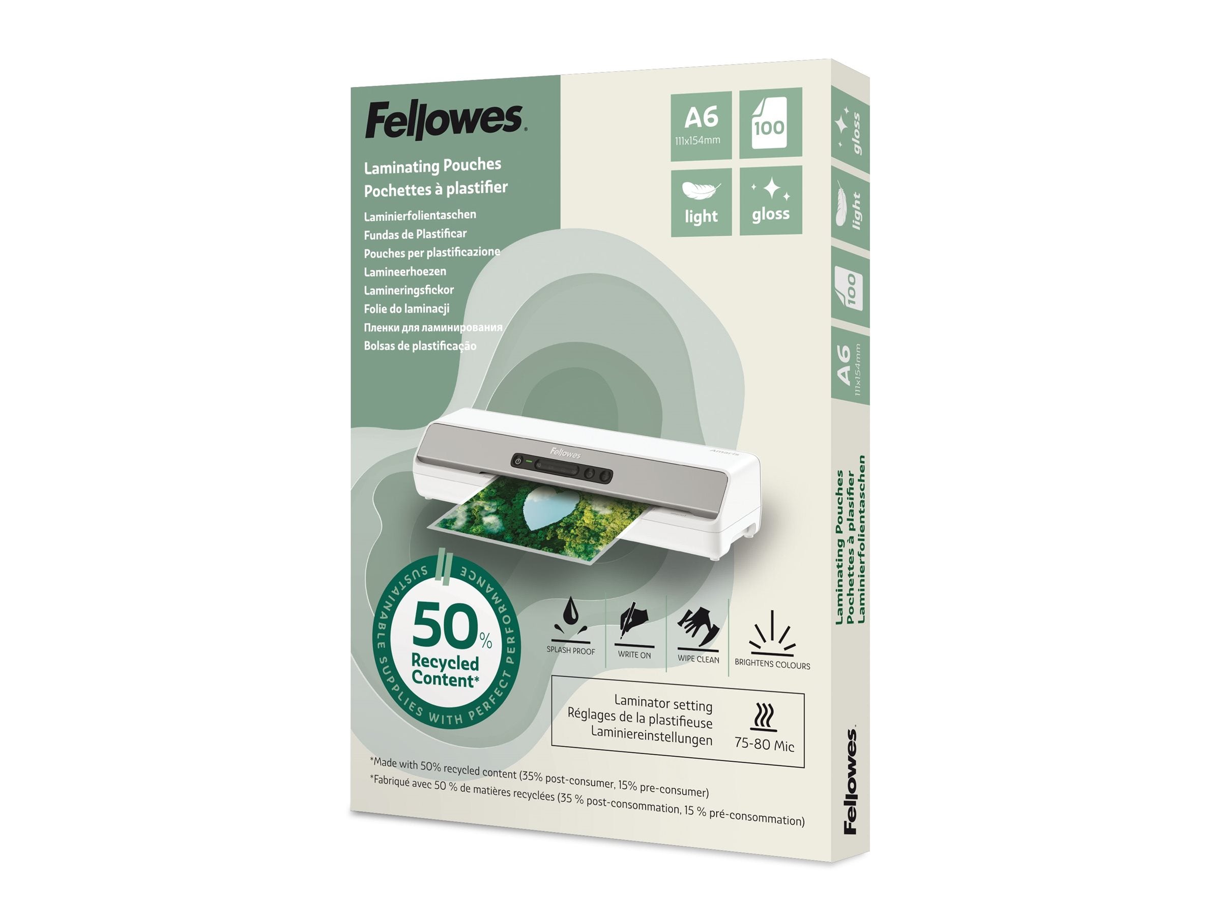 FELLOWES Pochettes de plastification A6 avec 50 pourcentage de contenu recyclé - usage léger brillant lot de 100